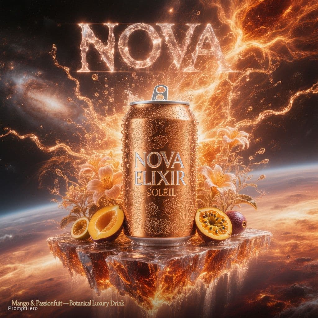 AI generated: Hyperrealistic 8K cinematic product photography of a sleek 
premium beverage can labeled "NOVA ELIXI...