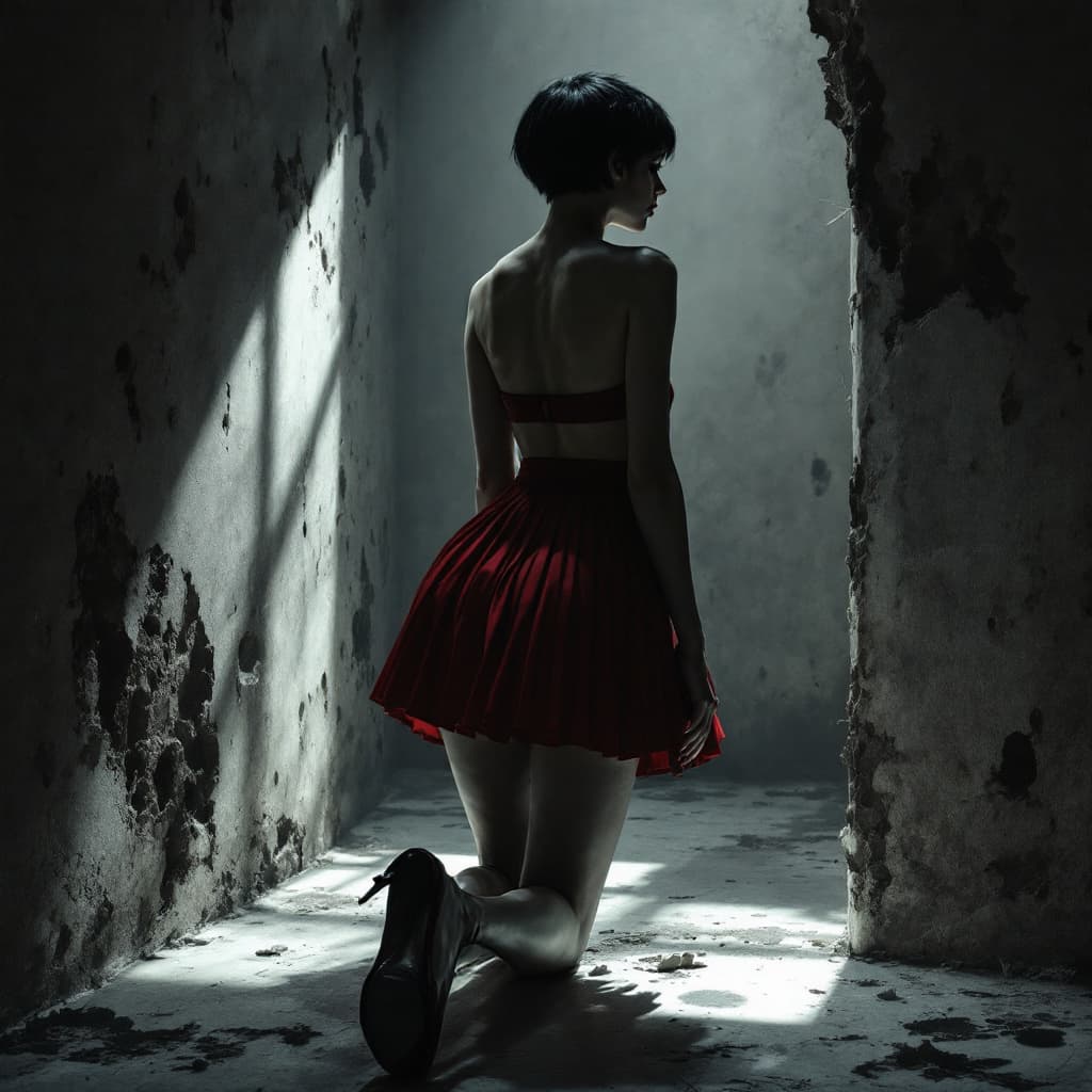AI generated: mature wearing pleated red mini skirt and high heels, black short pixie hair, standing in a dark roo...