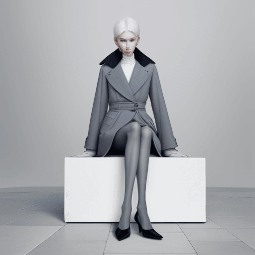 AI generated: a woman sitting on top of a white cube, official jil sander editorial, blue and grey tones, trending...
