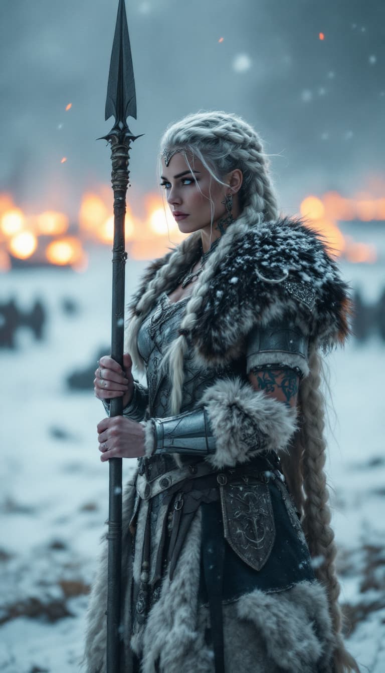 AI generated: A lone Viking woman standing in a snow-covered battlefield, her striking platinum-blonde braids ador...