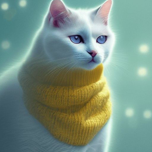 AI generated:  white cat, with a little bit of yellow hairs in the face, wearing a yellow sweter, blurred environm...