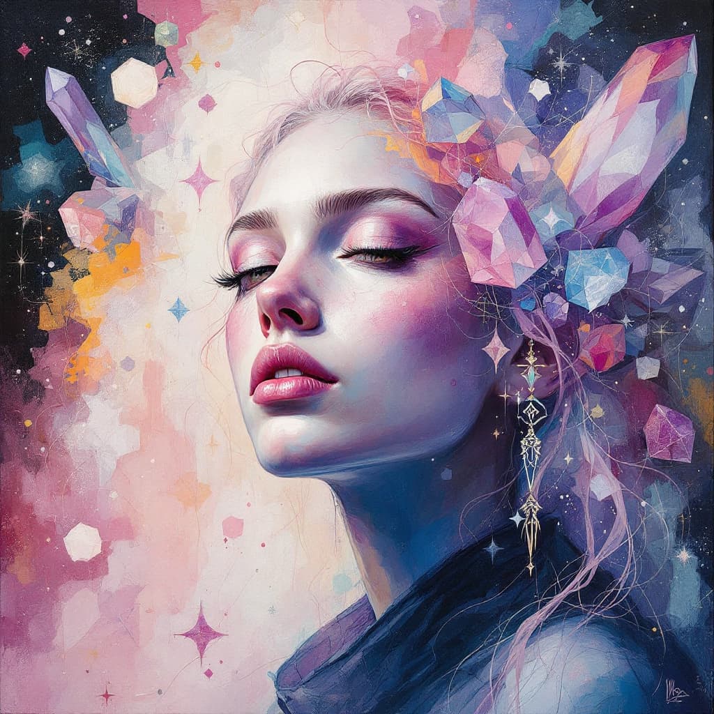 AI generated: "Rose Quartz Mystic in a Realm of Souls": una fascinante pintura abstracta que representa a un místi...