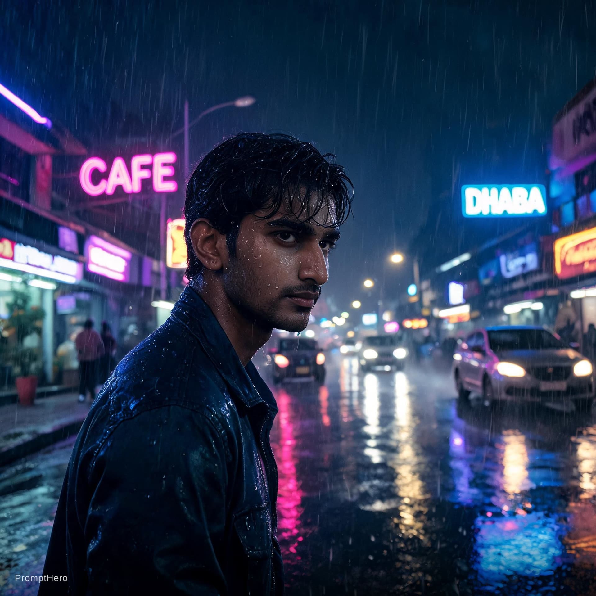AI generated: A young Indian man standing on a rainy street at night, neon lights reflecting on wet roads, cinemat...