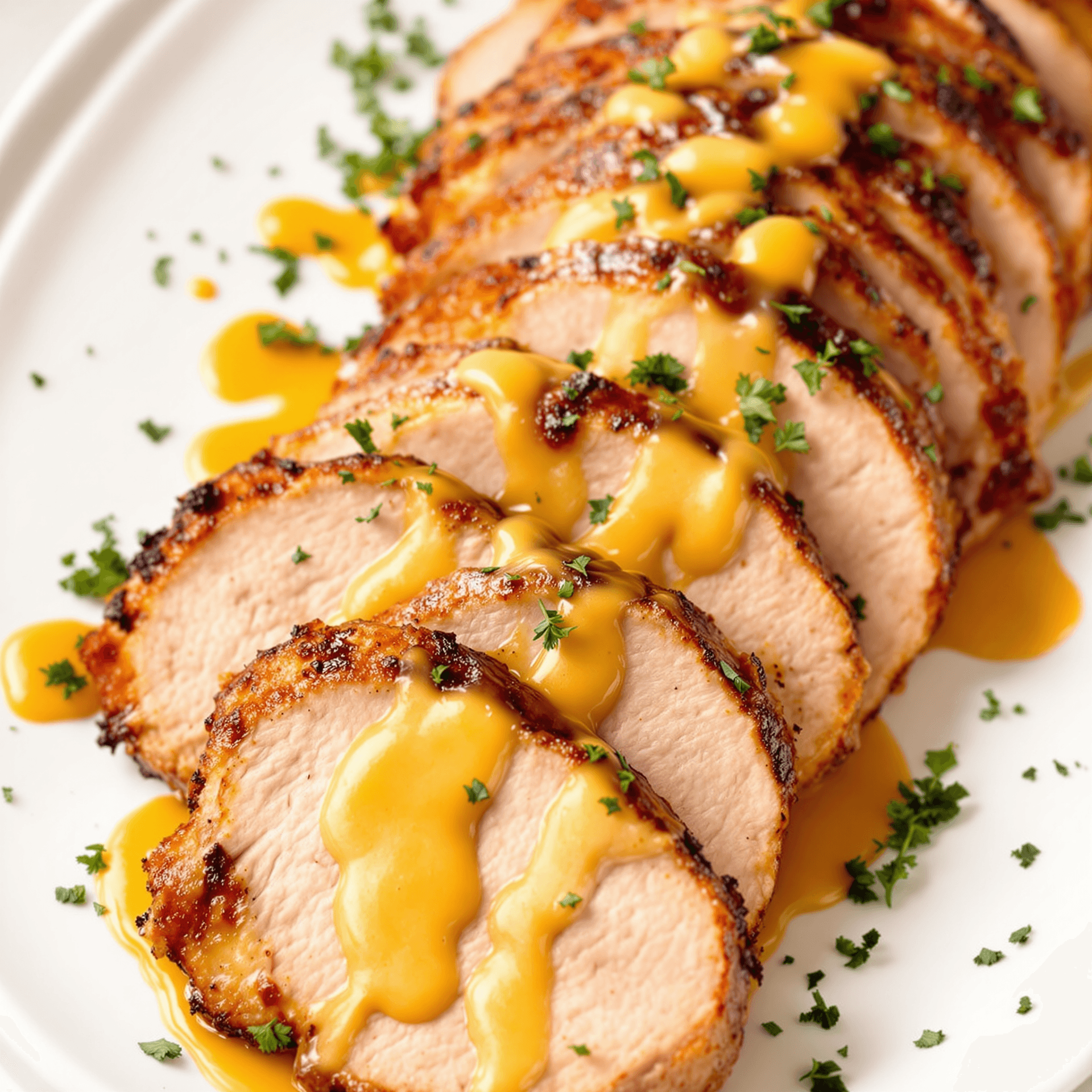 AI generated: Sliced marinated pork tenderloin on a white platter, with honey mustard sauce drizzled over the top ...