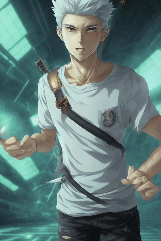 AI generated: game 2d art, image of a young man with light gray hair, 16 years old, green eyes, white tank top, st...