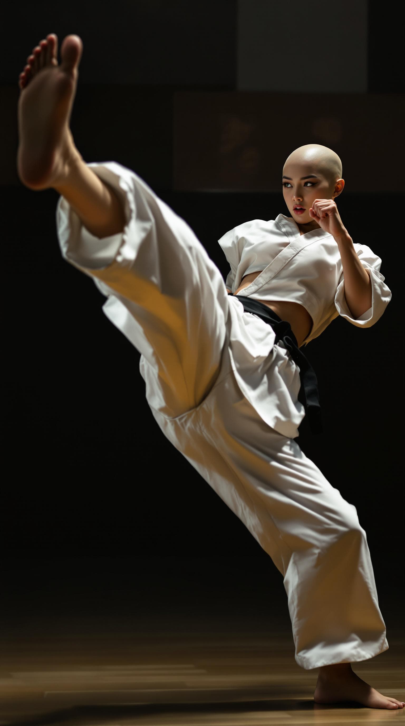 AI generated: Full body view of a beautiful bald, hairless Korean woman delivering a dynamic karate kick in a diml...