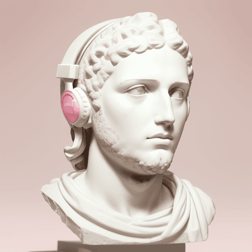 AI generated: Plaster head of David, white Marshall headphones, on Doric order, pink background --ar 4:5 --q 2