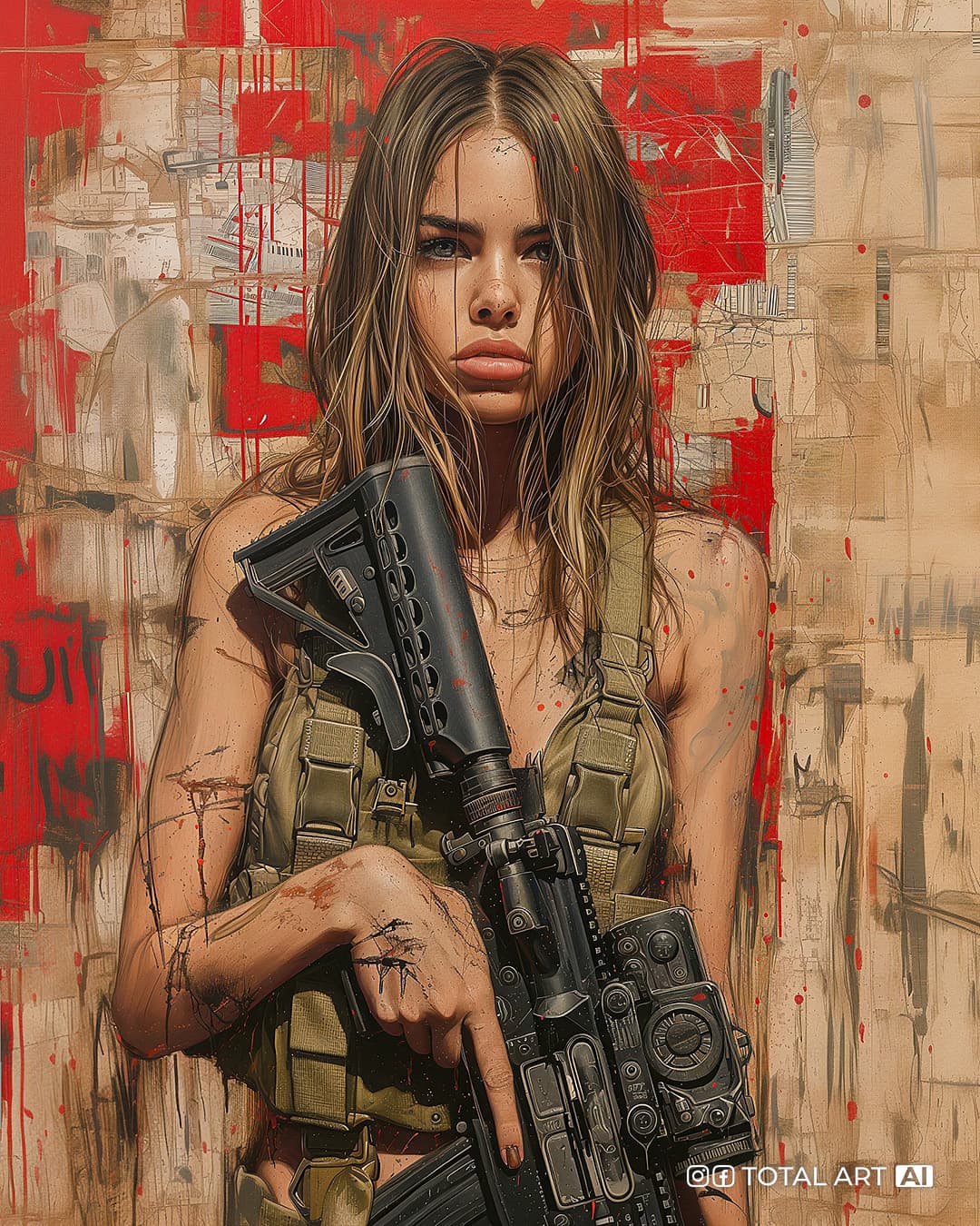AI generated: A woman in a heavy armor holding weapons, in the style of industrial paintings, Glen Orbik, large ca...