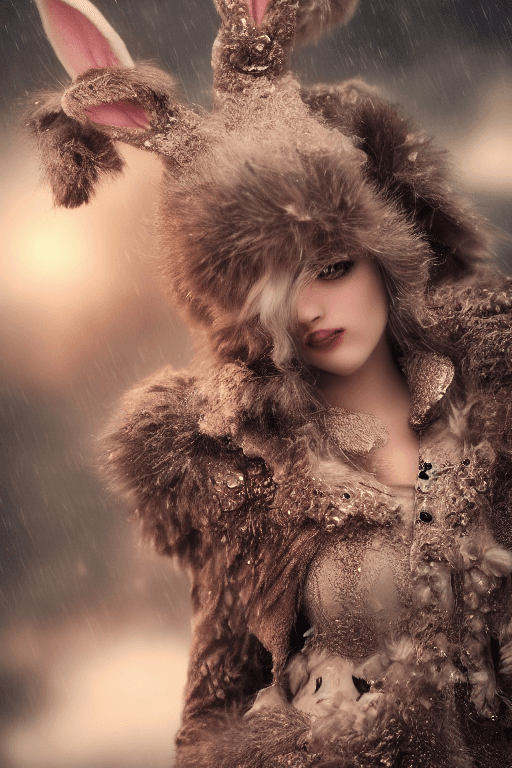 AI generated: bunny, high ornamented light armor, fluffy fur, foggy, wet, stormy, 70mm, cinematic, highly detailed