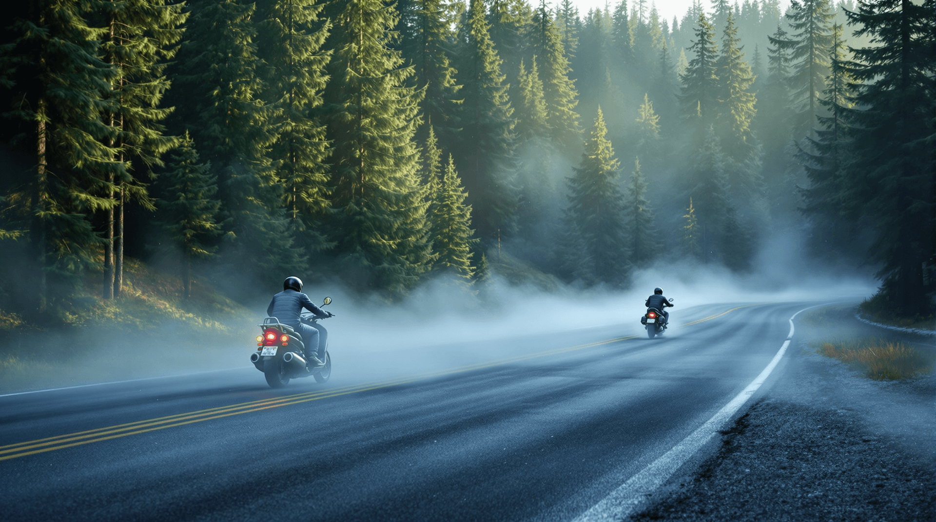 AI generated: Imagine: two motorcycles are driving down the highway, their  surroundings are a deep forest of pine...