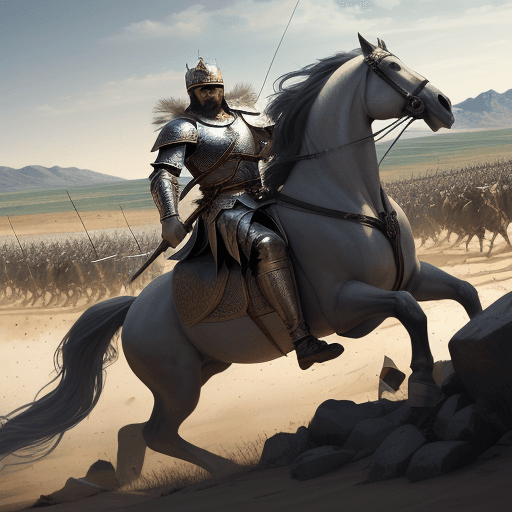 AI generated: two kings facing each other in the middle of battle using swords, horses and arrows, a large army be...