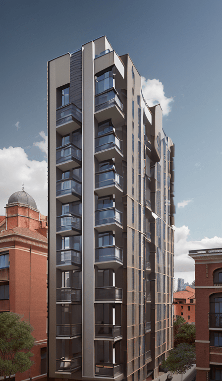 AI generated: High resolution photography of an architectural project of a residential building with 5 floors with...