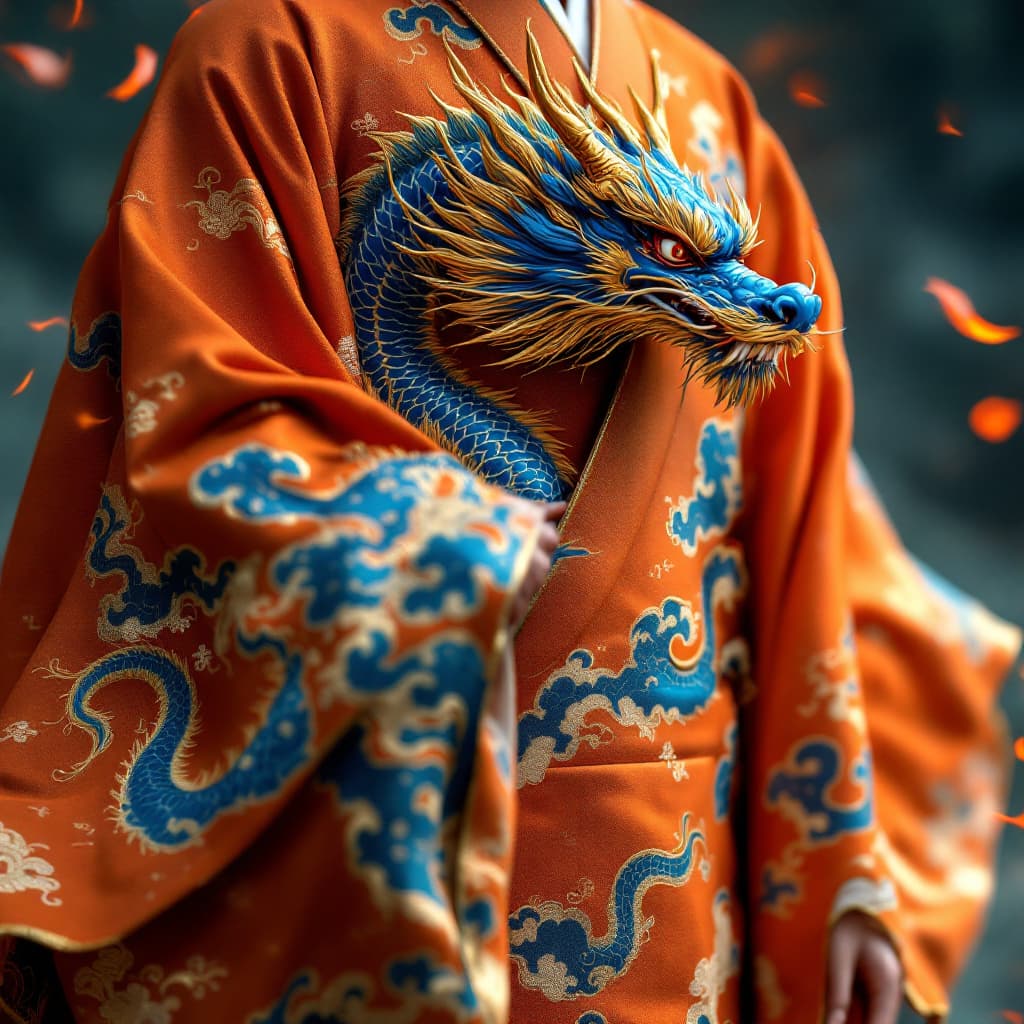AI generated: orange kimono with a blue gold dragon chinese style on the kimono. Cinematic, hyper realism, high de...