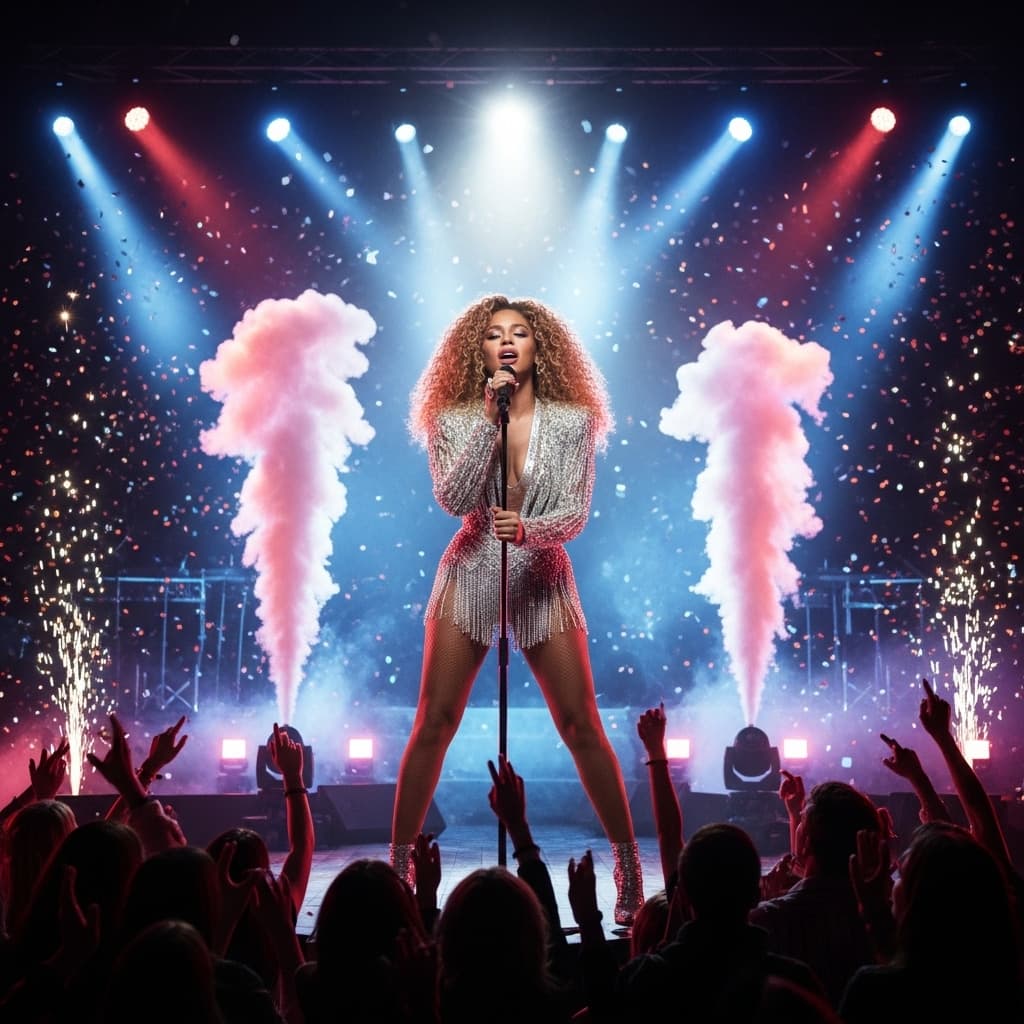 AI generated: A powerful female performer on stage, inspired by Beyoncé, singing an epic power ballad overflowing ...