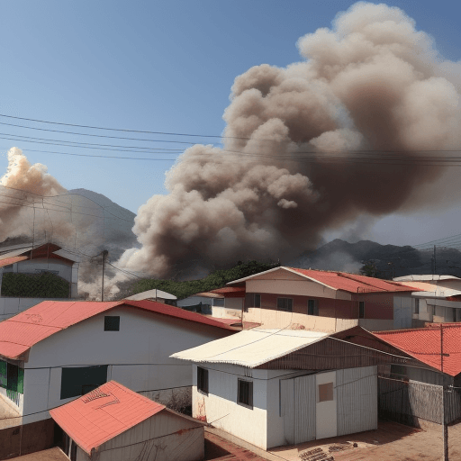 AI generated: faça uma casa pegando fogo na favela e uma multidão em volta