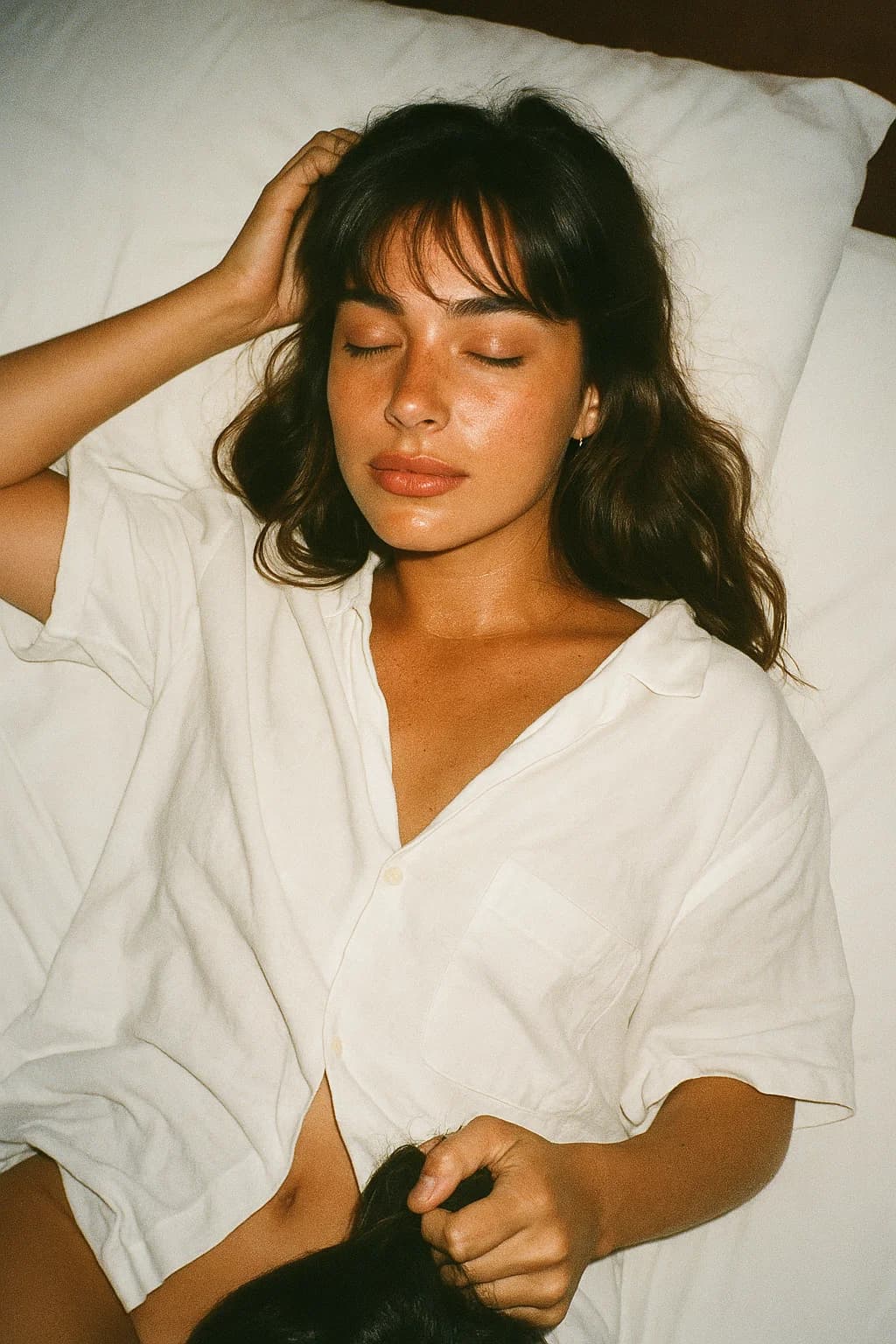 AI generated: .....Scene: Inside a modest motel room, on the bed amid rumpled white sheets. She lies back against ...