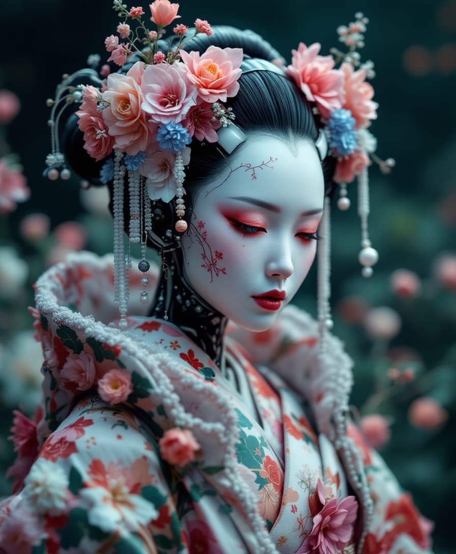 AI generated: Cyberpunk humanoid robot geisha, flower kimono, very colorful, depressed look, hypermaximalist, eleg...