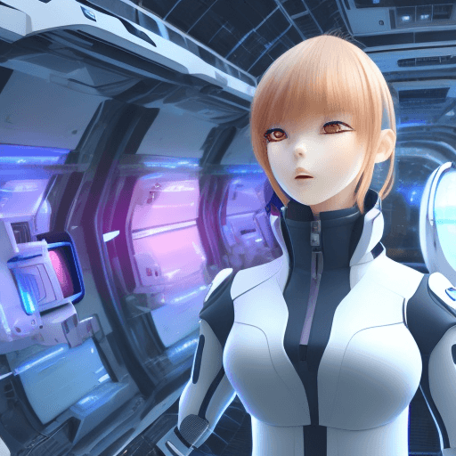 AI generated: 3D anime curvy teenager with futuristic space-suit boarding a spaceship's with her friends