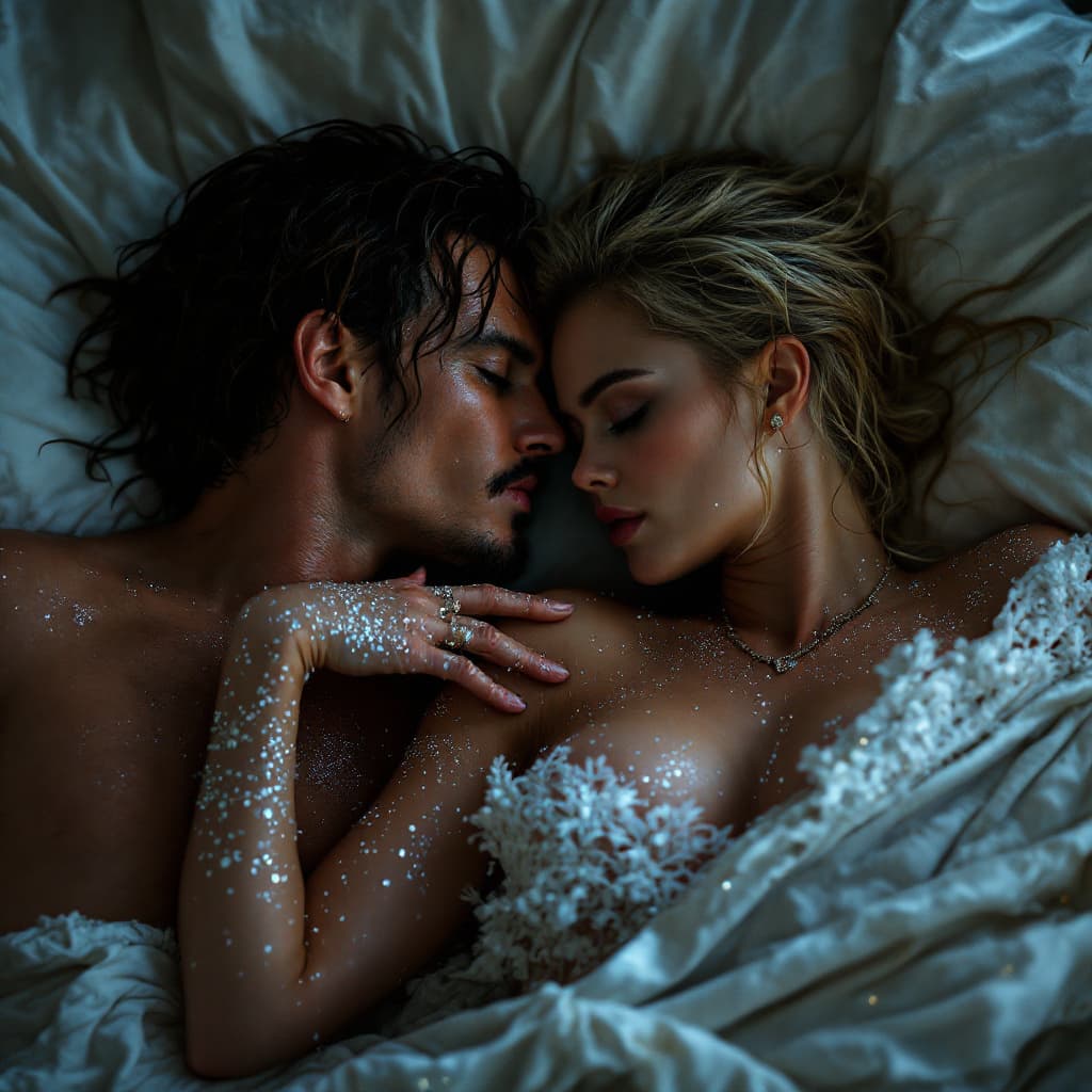 AI generated: full body , fantasy, Margot Elise Robbie and John Christopher Depp II,she's 
naked,he's 
naked,Lying...