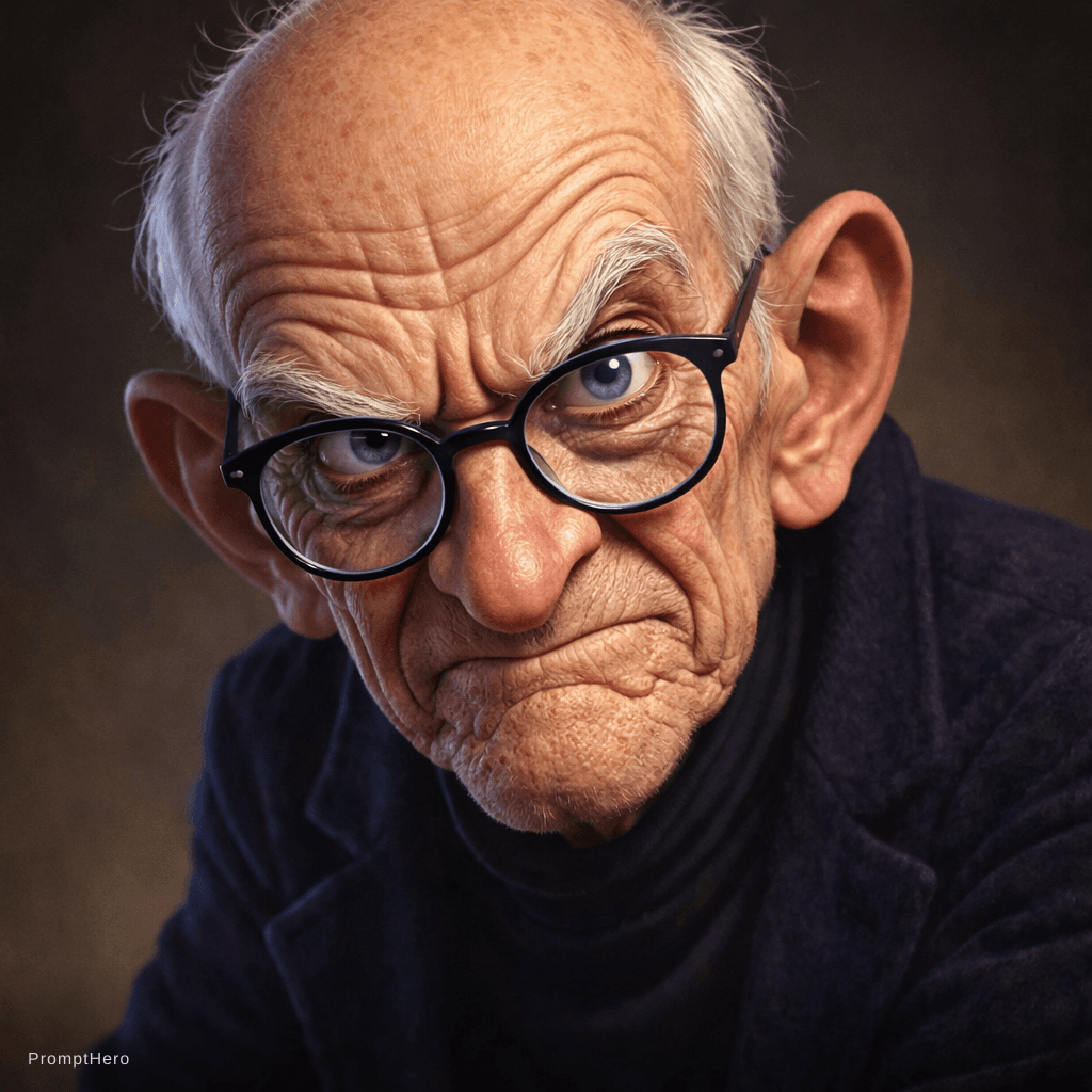 AI generated: Expressive caricature in pixar style unreal charming seemingly mischievous irritated very old man wi...