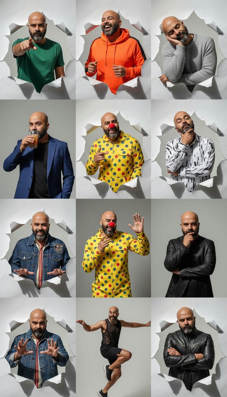 AI generated: Generate a hyper-realistic, 9:16 studio-style collage featuring an adult man  (facial match to the u...