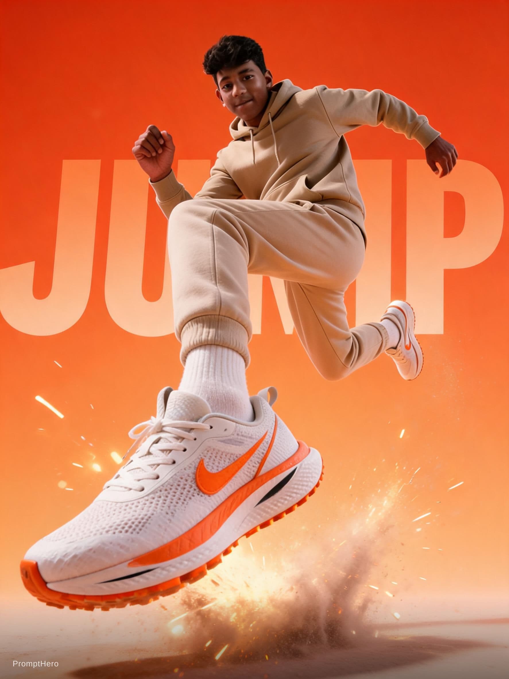 AI generated: A dynamic sportswear advertisement featuring a young athletic male model captured mid-air in an expl...