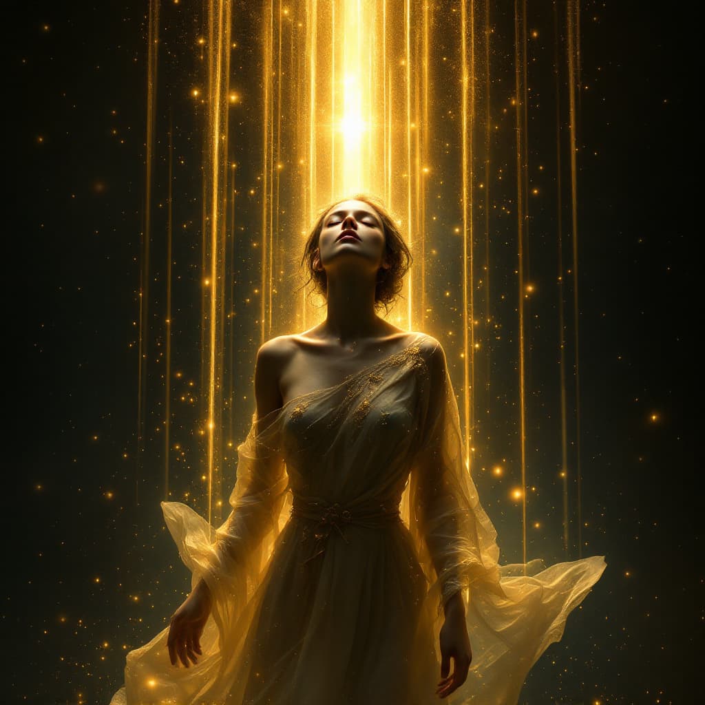 AI generated: Dark fantasy scene, a solitary, living woman stands in the center of an endless void, her presence b...