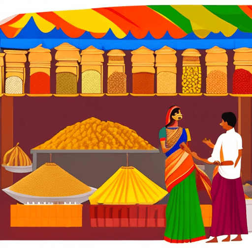 AI generated: Indian market with spices, food, saris, vibrant, vector like image