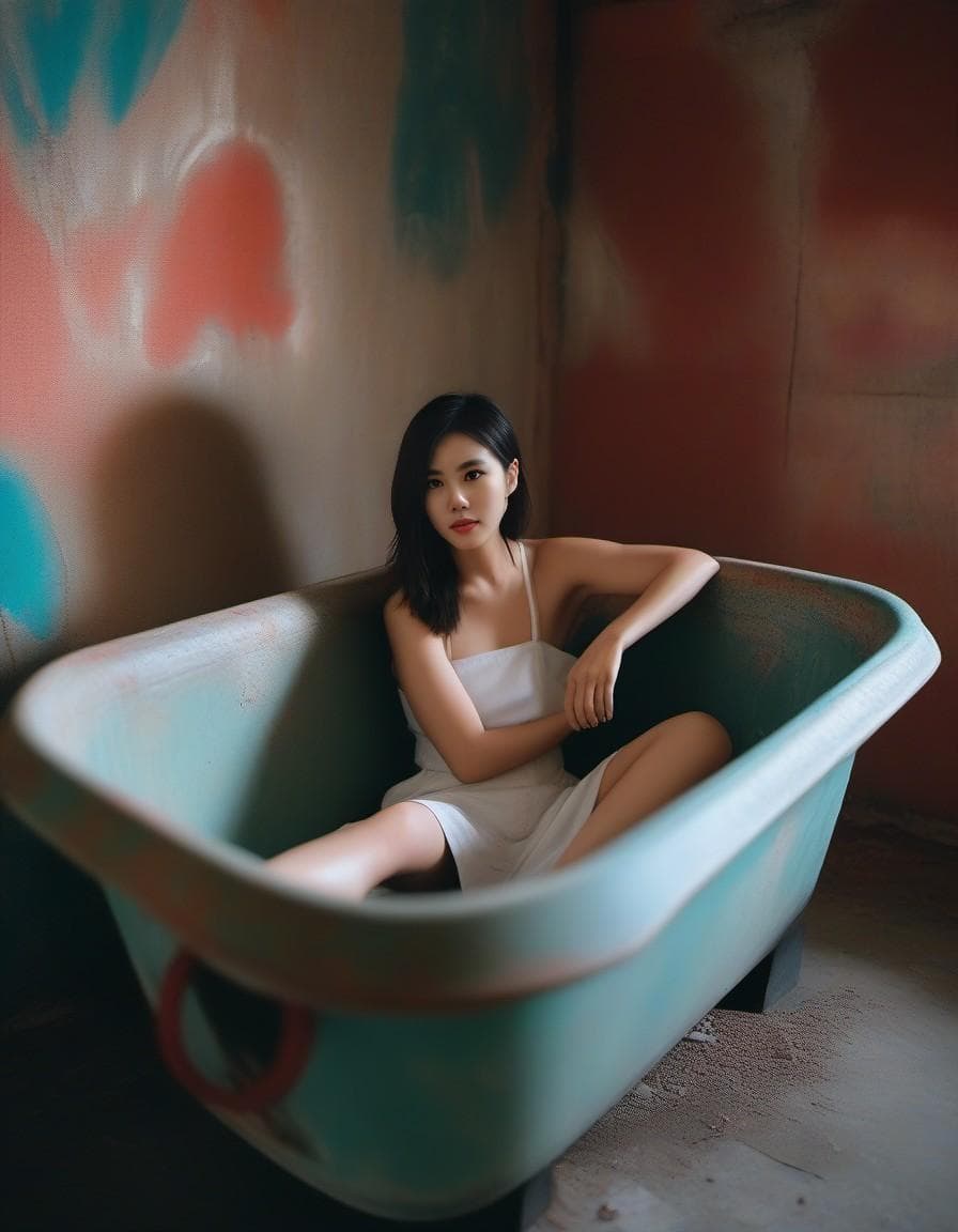 AI generated: a korean woman lying in an old rectangular concrete bathtub, bare feet in the air, holding a rubber ...