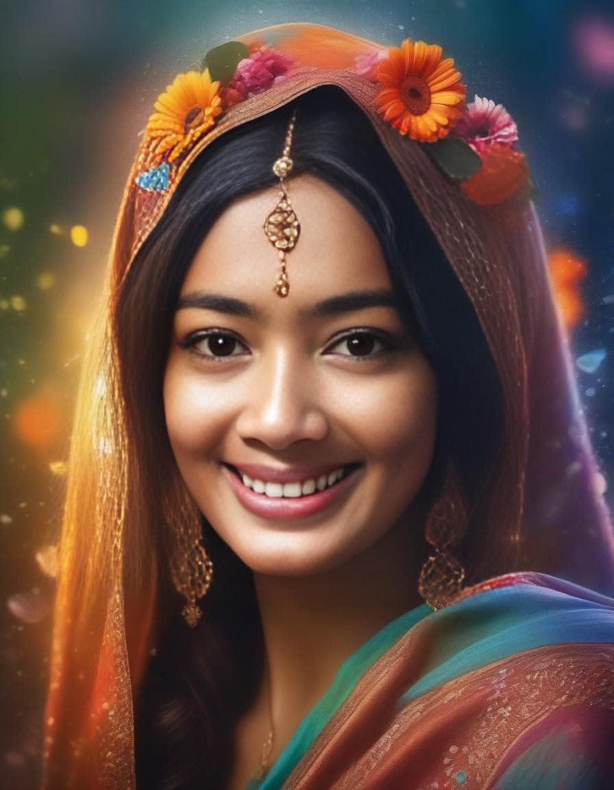 AI generated: Beautiful Hijabi Woman with smile appearing from colorful flowers, wet, dewdrops, cinematic lighting...