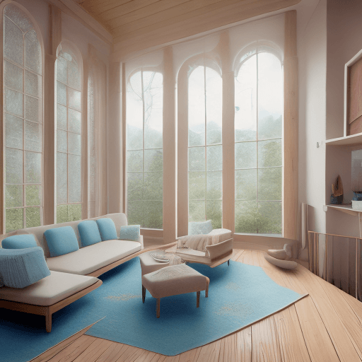 AI generated: High resolution photography interior design, dreamy sunken living room conversation pit, wooden floo...
