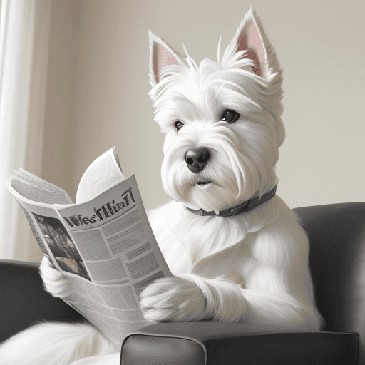 AI generated: West Highland White Terrier sitting on the sofa, reading a newspaper photo,  --ar 16:9 --stylize 750...