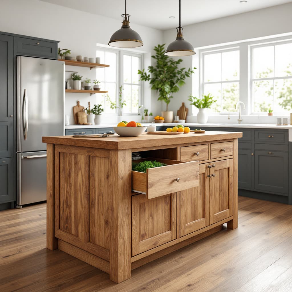 AI generated: a kitchen made out of wood. The kitchen island is made out of oak and has a compost drawer