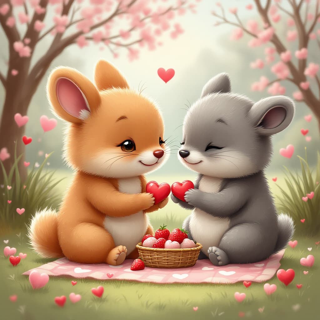 AI generated: I need two cute animals sitting down having a pic nic at a park with a valentines theme