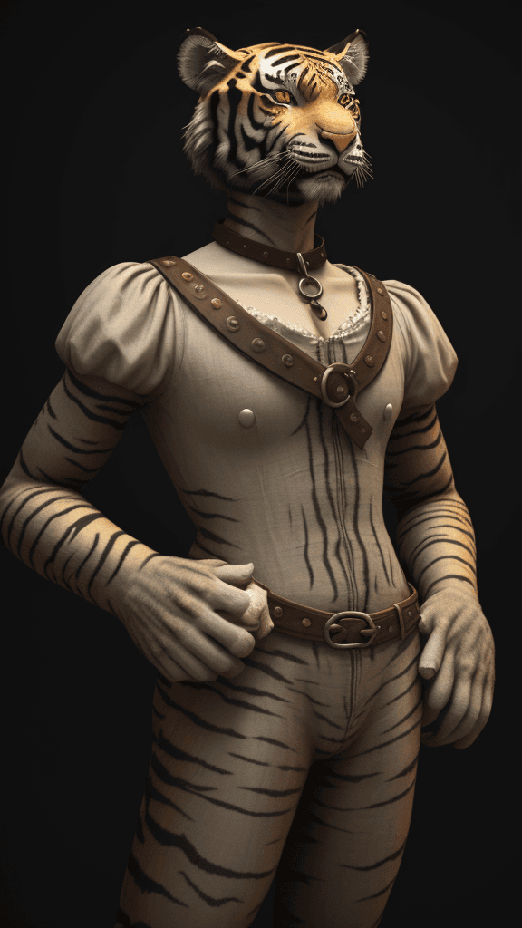 AI generated: A Horrible Millennial Linen tiger, fright, 3D render, renaissance, serial art, slave collar, popular...
