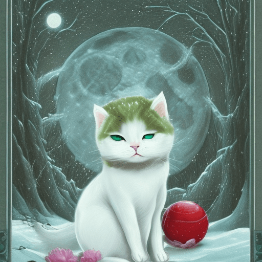 AI generated: A cute white cat , green eyes,, winter ,, a full moon, a deep river, and a mysterious image. It's ni...