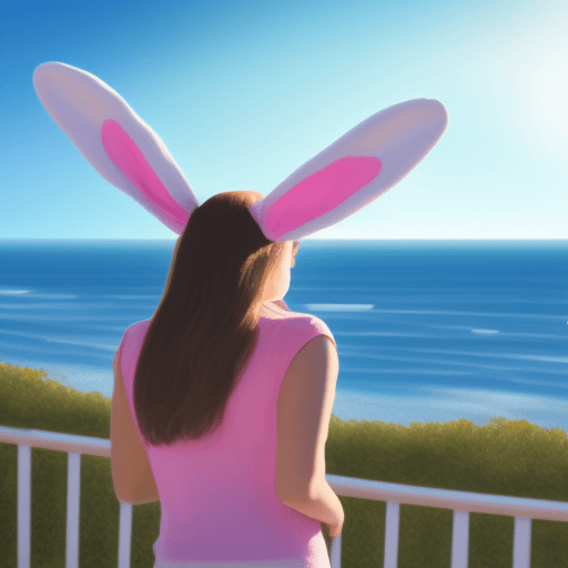 AI generated: Female, overlooking the ocean, daylight, indirect lighting, bunny ears, looking at viewer