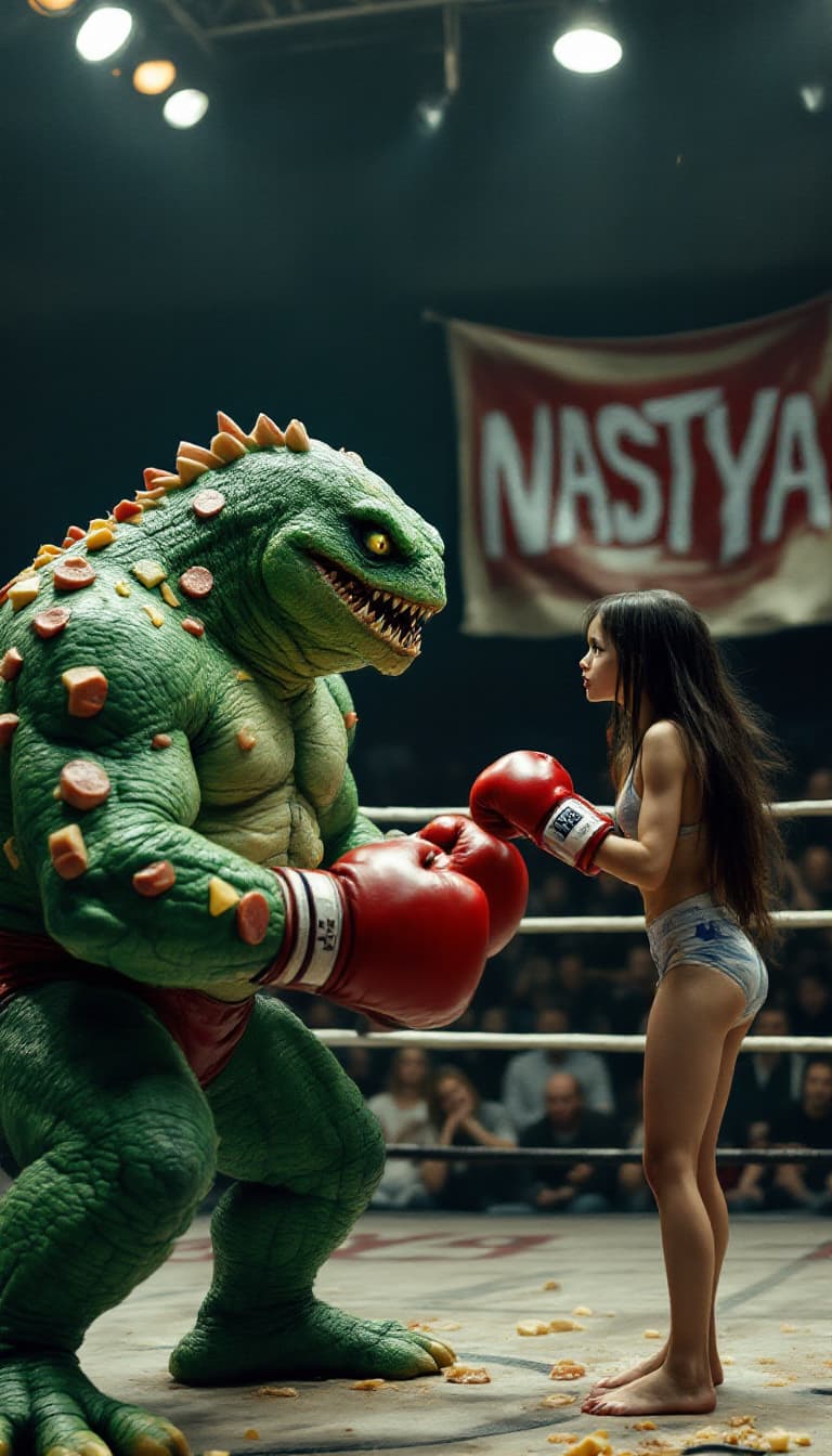 AI generated: RAW, photo of two photorealistic boxers fighting in a boxing arena. The first boxer is a human-like ...