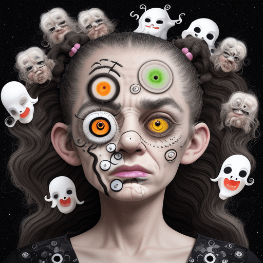 AI generated: Mistic genius in trance, hair made entirely of gooden stickers, mistery  expresive eyes, small nose ...