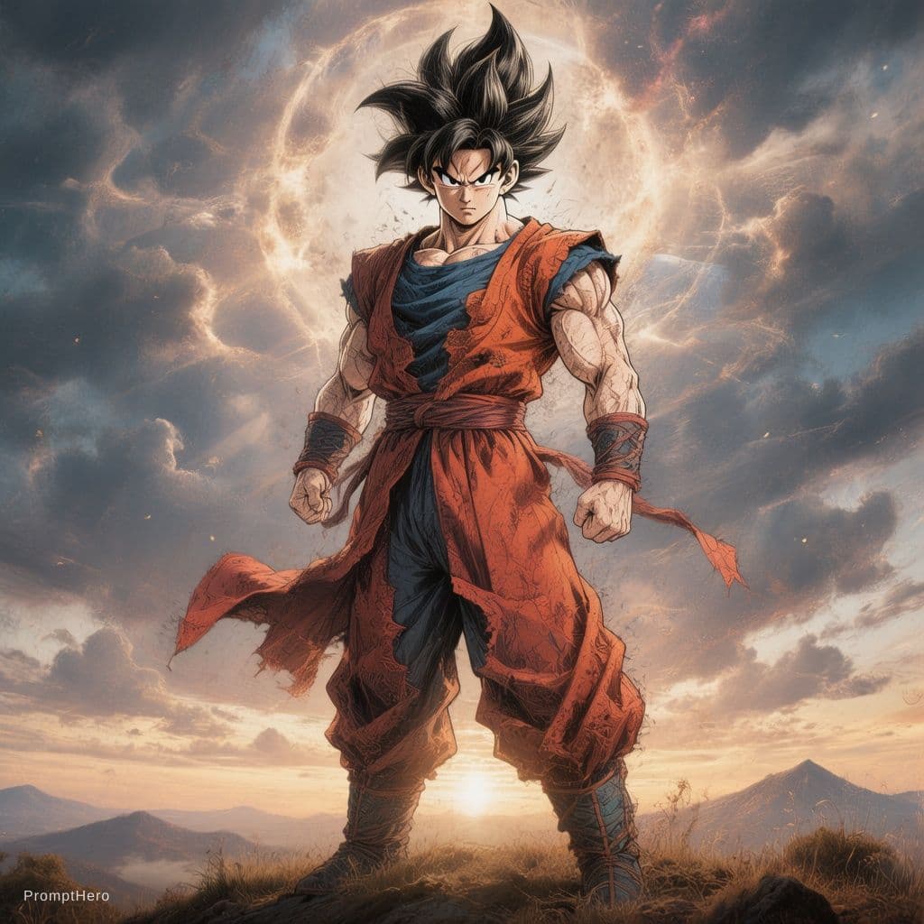 AI generated: poster of warrior anime character goku| standing on hill |centered| key visual| intricate| highly de...