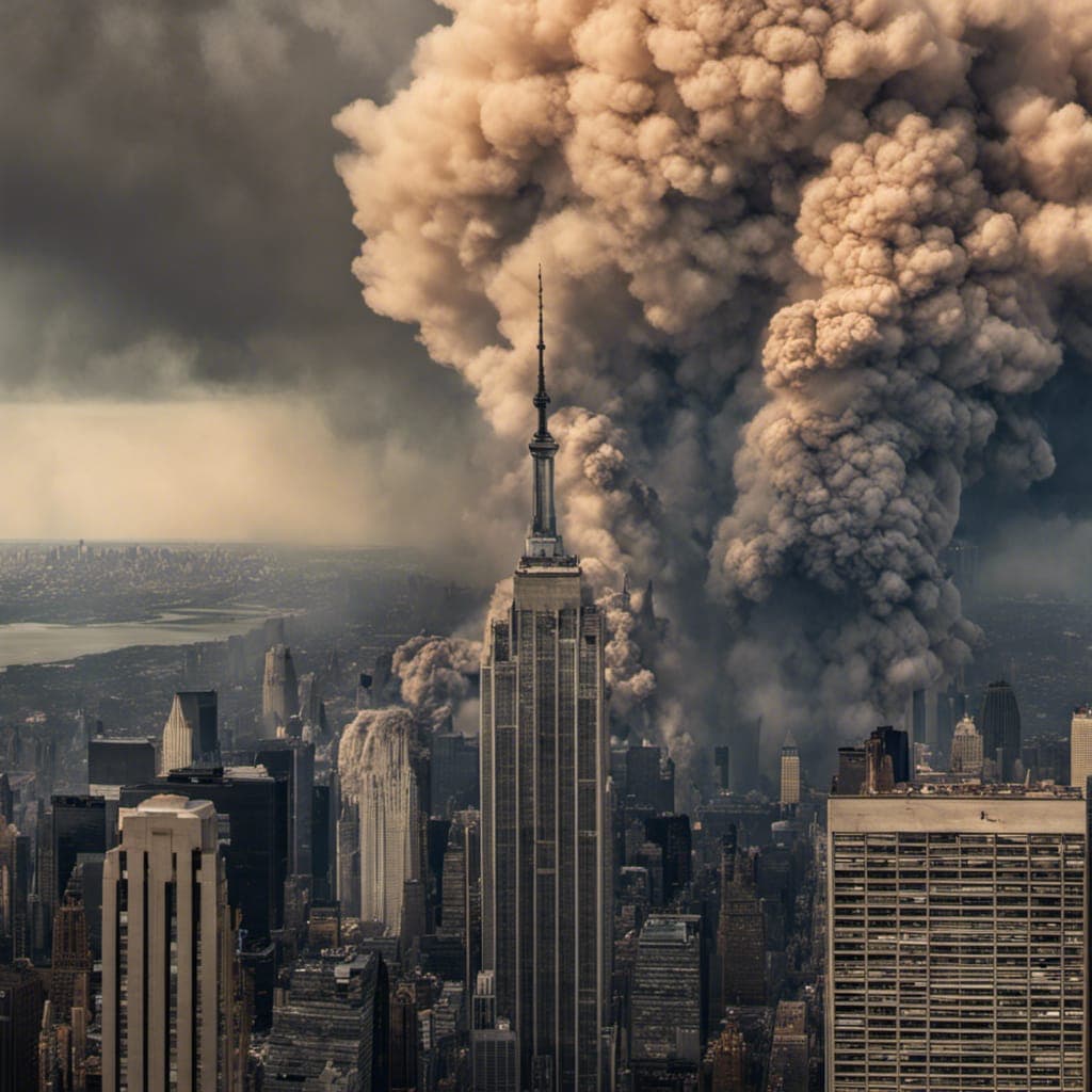 AI generated: September 11, (detailed environment), cinematic, cover art, (low front angle), full view of , Septem...