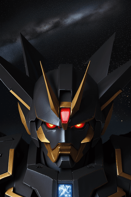 AI generated: gundam barbatos,  metal fire, surrounded by glowing star, black space background, ,hyperrealism, hig...