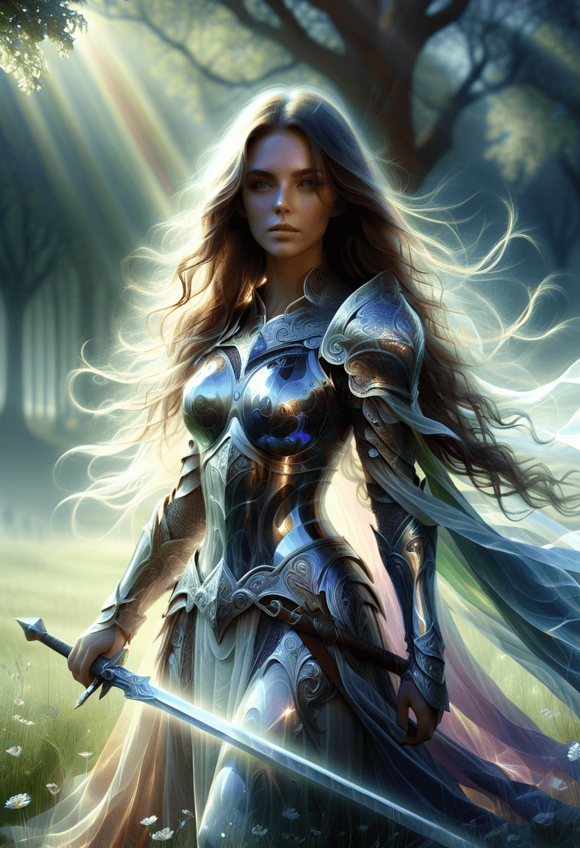 AI generated: dreamscape, bright sunny day, woman, long hair, brunette hair, wavy hair, spectral armor, spectral c...