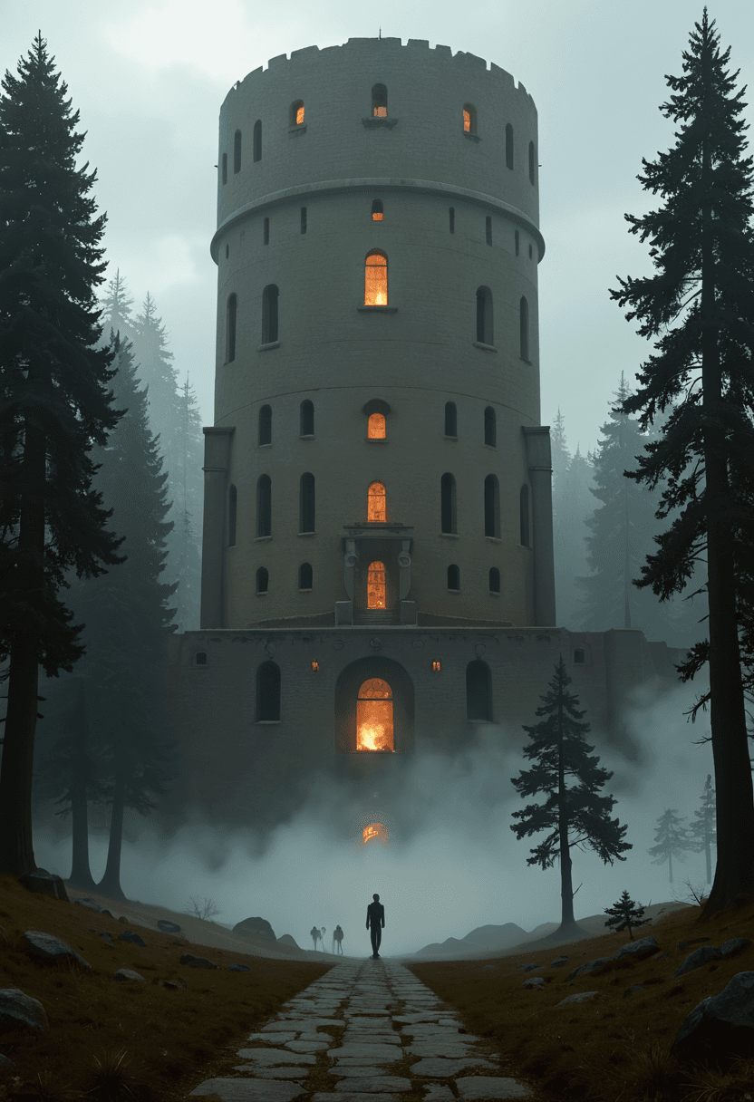 AI generated: Dystopian style A dense, fog-enshrouded valley where ancient, tree-like organisms rise from the grou...