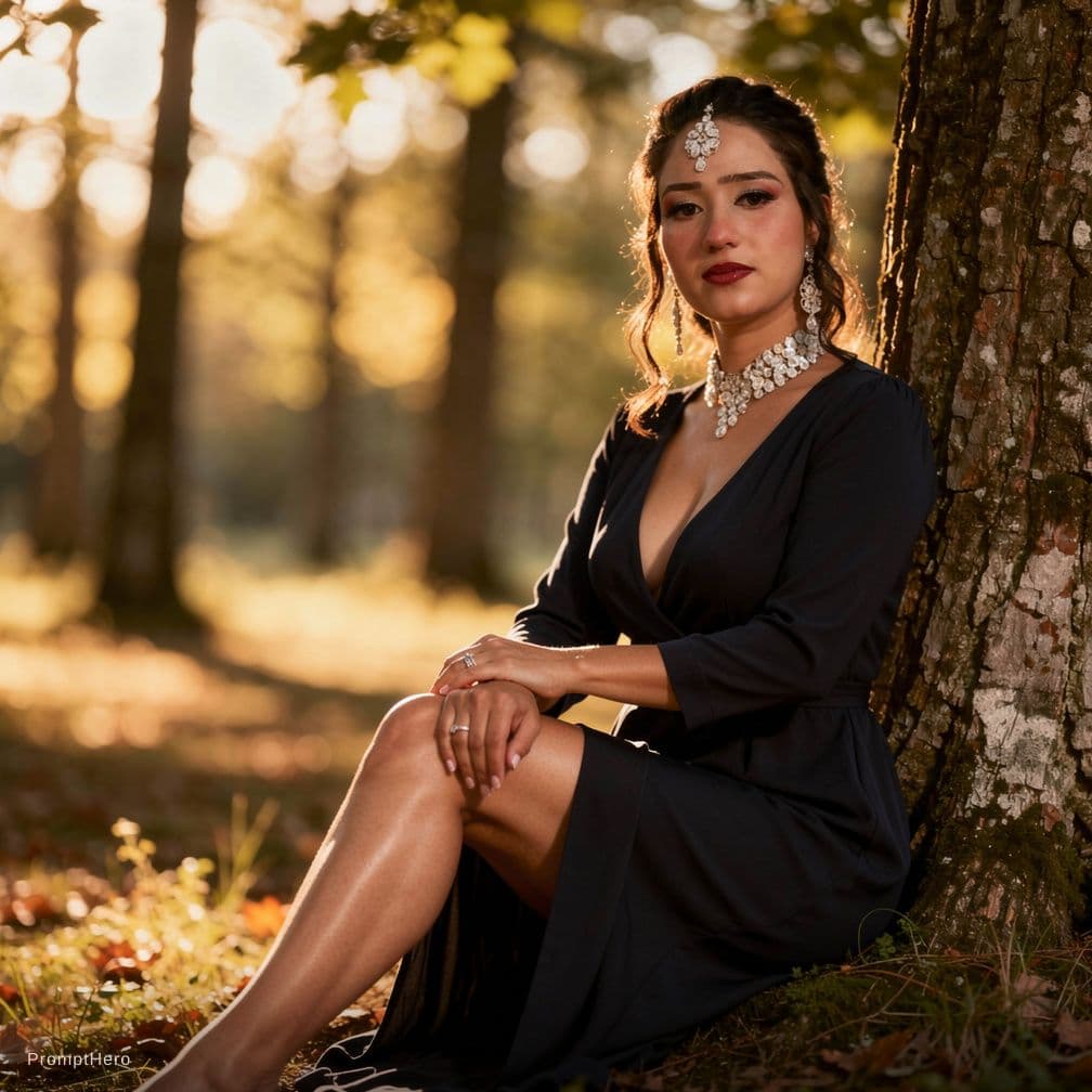 AI generated: A full-body, photorealistic cinematic portrait of a topless woman seated in a sun-drenched forest cl...
