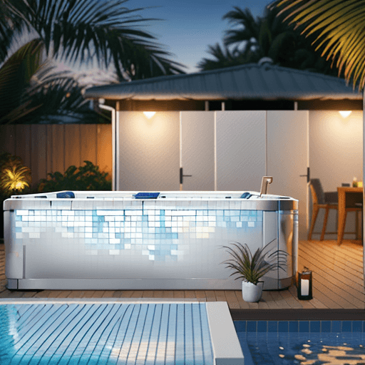 AI generated: Generate a SFW photo-realistic image showcasing the 7m x 3m Swim Spa fully tiled in 25mm square mosa...