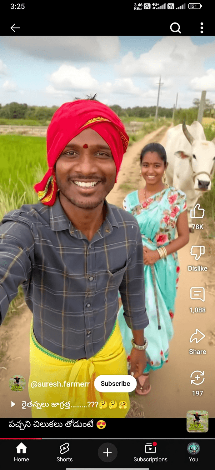 AI generated: A young South Indian man takes a selfie while walking on a rural dirt path, with green fields on bot...