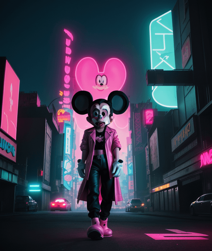 AI generated: cinematic, evil ,Mickey Mouse in the style of cyberpunk, pink and cyan yellow red and black, rich da...