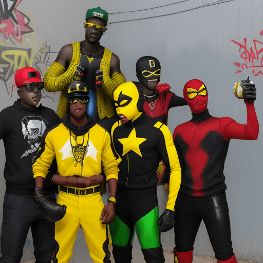 AI generated: WE ARE SEEING FIVE DIFFERENT BLACK AFRICAN MALES IN A RED,BLUE,YELLOW,GREEN,BLACK SPANDEX SUITS, ALL...
