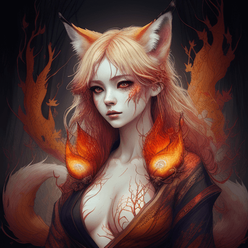 AI generated: Kitsune by Carne Griffiths, 

Charlie Bowater, 

woman - fox with 9 tails, 

background of mystic fo...